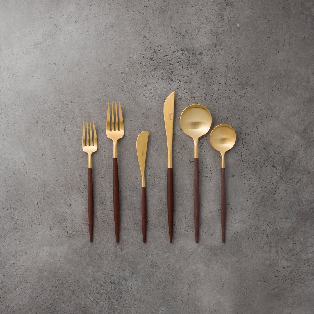 Cutipol GOA Gold flatware collection, available for rent for weddings and corporate events.