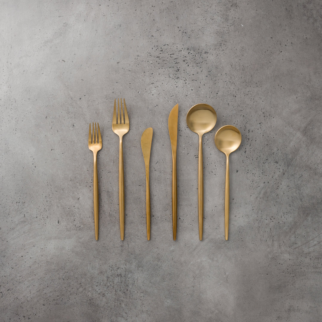 Brushed Modern Gold flatware collection, available for rent for weddings and corporate events.