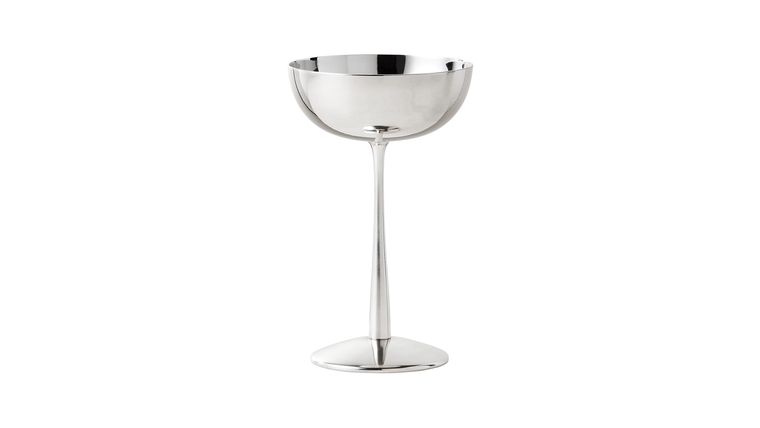 Polished silver metal coupe-style stemmed glass shown individually